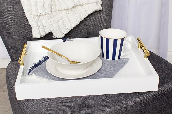 Kate and Laurel Lipton Decorative Tray with Polished Metal Handles, White and Gold
