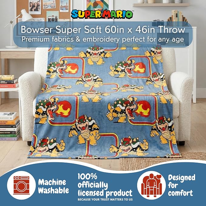 Super Mario Bowser Kids Throw Blanket, 46 in x 60 in, Soft Cozy Decorative Blanket for Couch, Bed, or Gaming Room (Officially Licensed Product) by Franco
