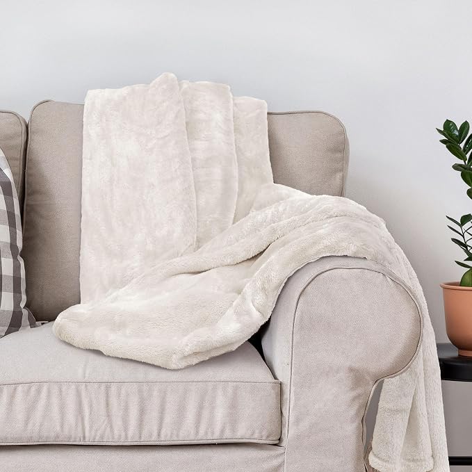 DEZ FURNISHINGS Ultra Soft Plush Fleece Throw Blanket, Double Sided Cozy Thick Warm Blanket for Sofa & Bed, Twin (66" x 90"), Ivory