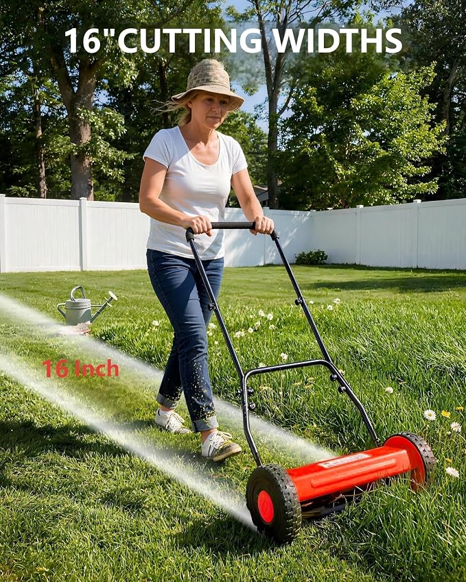 16" Hand Push Lawn Mower, Push Reel Lawn Mower for Small to Medium Yards | 5-Blade Manual Lawnmower with Adjustable Cutting Height, Manual Walk-Behind Lawn Mower for Quiet Eco-Friendly Mowing