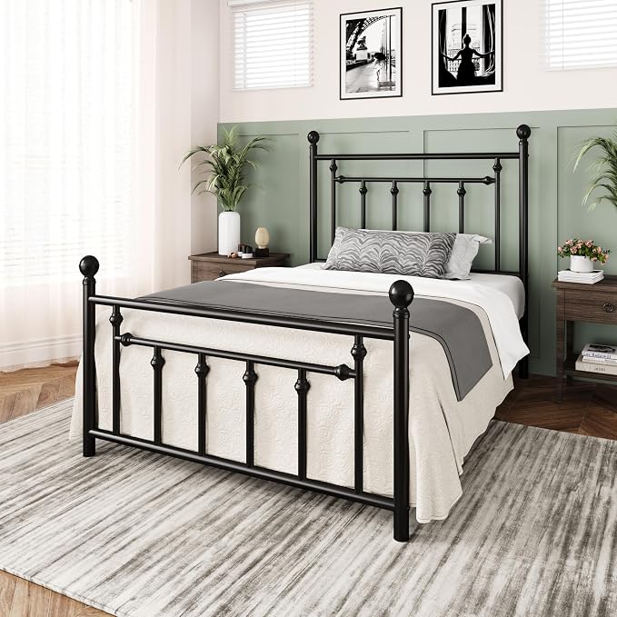 Allewie 14'' Twin Size Metal Platform Bed Frame, Vintage Headboard, Black | 45'' Tall Victorian Headboard/Footboard/Mattress Foundation/Under Bed Storage/No Box Spring Needed/Easy Assembly/Noise Free