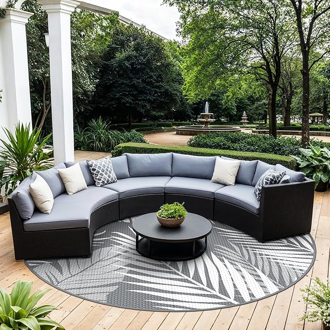 GENIMO Outdoor Rug, Waterproof Plastic Rugs for Patio, 10' Round Grey White | Outside Larger Leaf Carpet Mat for Deck Decor, Porch, Balcony, Backyard, Camping, Picnic, Beach, RV, Reversible, Foldable