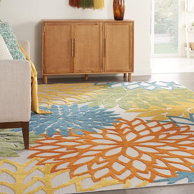 Nourison Home Aloha Turquoise Multicolor 9' x 12' Area Rug - Easy Clean, Non Shedding, Bed Room, Living Room, Dining Room, Kitchen (9' x 12')