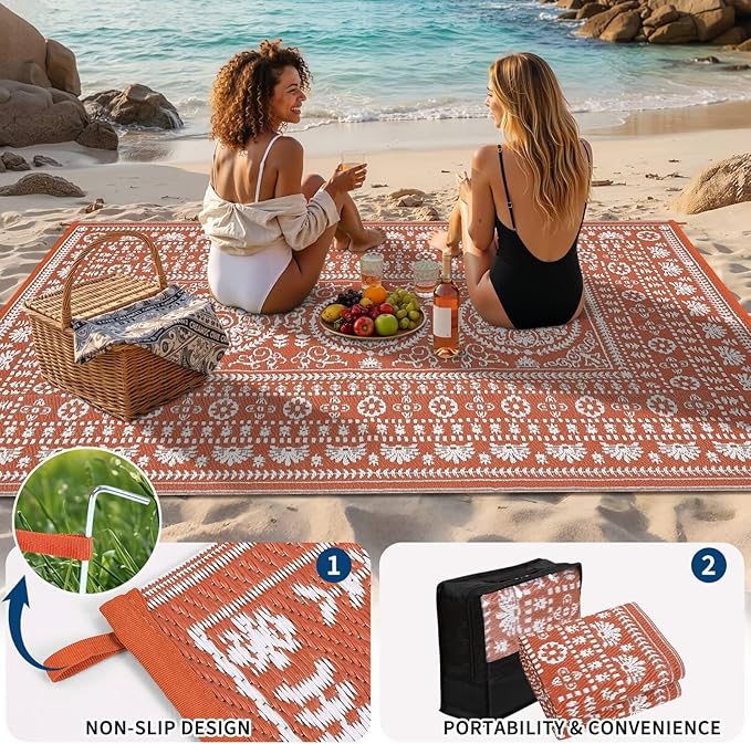 Garvee Reversible Outdoor Rug 6x9 for Patio, Waterproof Outdoor Area Rug, Modern Medallion Indoor Outdoor Rugs, Plastic Straw Rug for RV, Camping, Deck, Vintage Terracotta