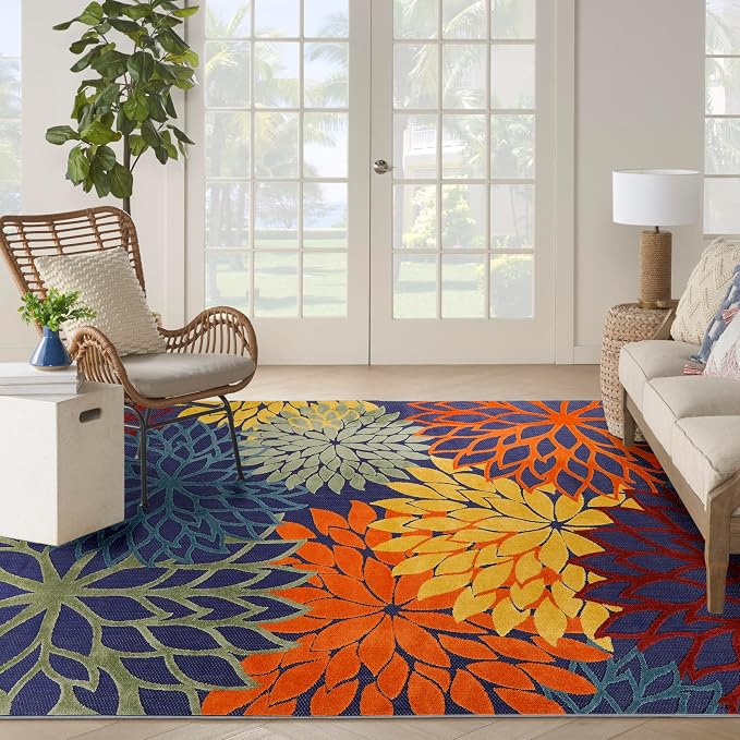 Nourison Home Aloha Navy Multicolor 9' x 12' Area Rug - Easy Clean, Non Shedding, Bed Room, Living Room, Dining Room, Kitchen (9' x 12')