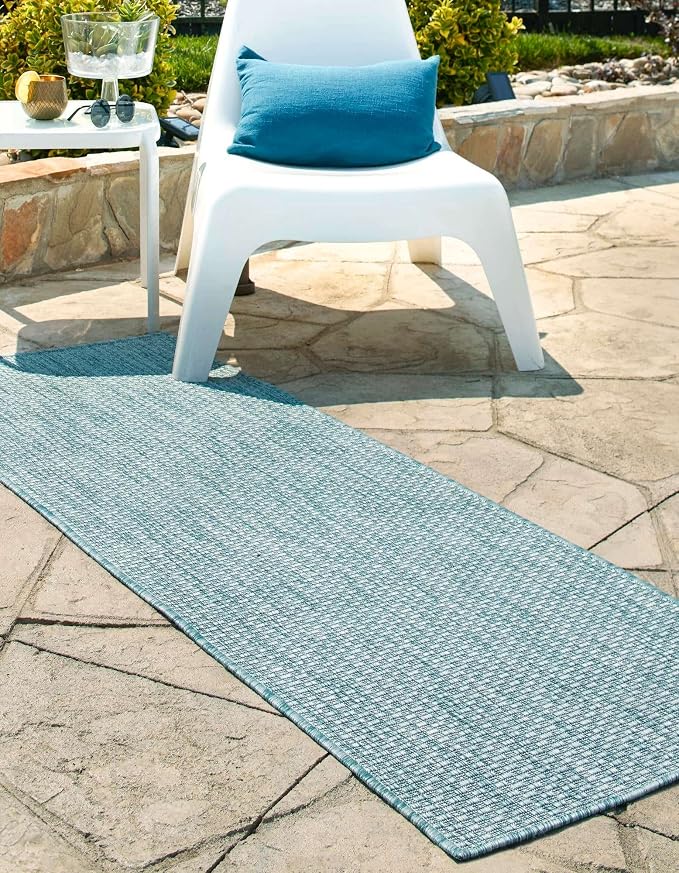Unique Loom Collection Casual Transitional Solid Heathered Indoor/Outdoor Flatweave Area Rug (2' x 8' Runner, Aquamarine/Ivory)