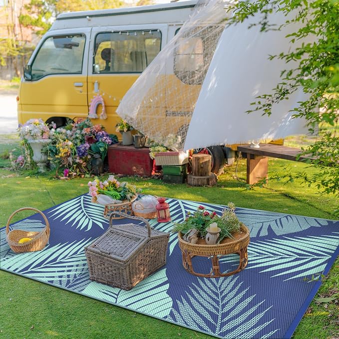 GENIMO Outdoor Rug, Waterproof Plastic Rugs for Patio, 8'x10' Navy Green | Outside Larger Leaf Carpet Mat for Porch Decor, Deck, Balcony, Camping, RV, Backyard, Picnic, Beach, Reversible, Foldable
