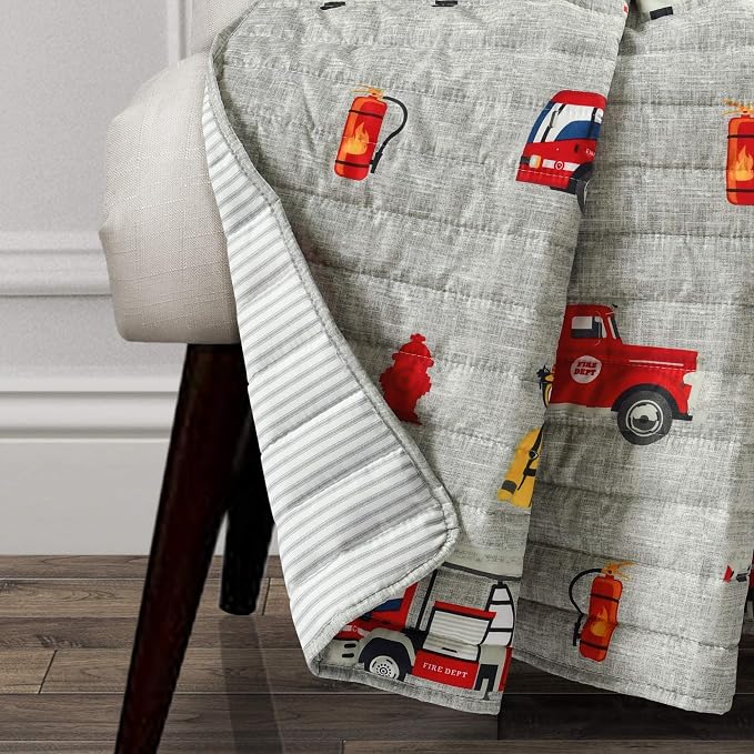 Lush Decor Fire Truck Throw Blanket, Red & Gray, 50" W x 60" L - Toddler Blanket - Reversible Stripe Print Quilted Throw for Kids Room
