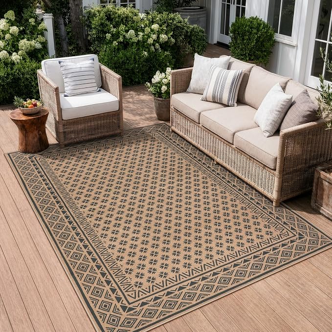 LIVEBOX Easy Jute Indoor Outdoor Rug 5x7, Black Washable Rugs for Living Room Bedroom, Non Slip Outdoor Area Rug for Patio Backyard, Farmhouse Neutral Carpet Floor Mat for Dining Room Deck Porch