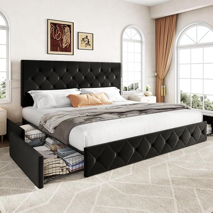 Allewie Upholstered King Size Platform Bed Frame with 4 Storage Drawers and Adjustable Headboard, Diamond Button Tufted, Wooden Slats Support, Noise-Free, No Box Spring Needed, Easy Assembly, Black