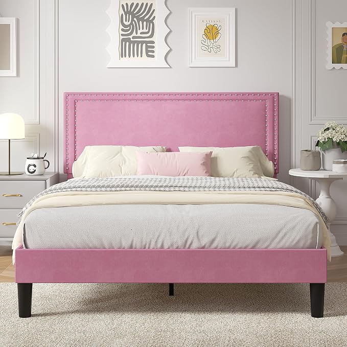 VECELO Queen Size Platform Bed Frame with Height Adjustable Upholstered Headboard, Modern Mattress Foundation,Strong Wood Slat Support, No Box Spring Needed, Easy Assembly,Pink