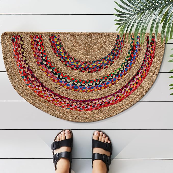 Boho Braided 1.5x3 Area Rug - Jute Chindi Half Circle Rug for Living Room Entryway, Farmhouse, Home Décor, Indoor Rugs Jute Door mat for Bathroom, Kitchen (Multi-Natural, 1.5 X 3 ft)