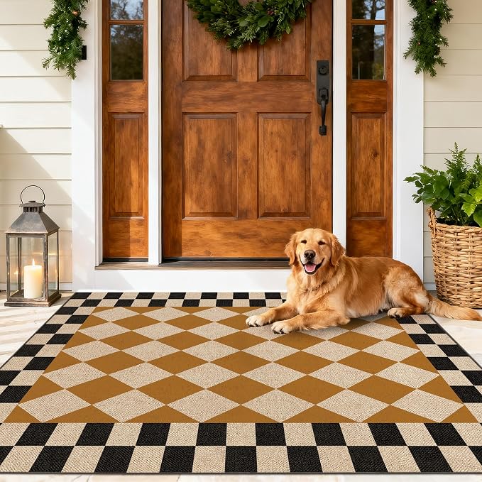 Washable Checkered Easy Jute Rug 3x5, Brown Black Checkerboard Geometric Outdoor Indoor Patio Small Rugs, Woven Non Slip Thin Neutral Carpet Door Mat for Bedroom Entryway Front Door Farmhouse