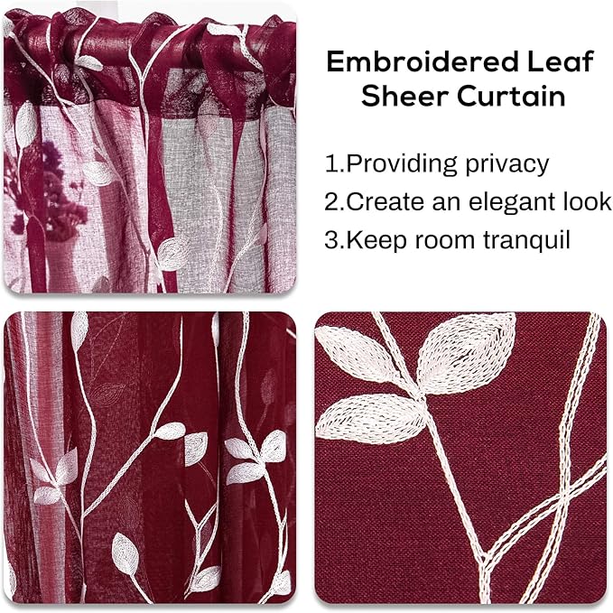 AmHoo 2 Panels Embroidered Leaf Pattern Semi Sheer Curtains Foliage Floral - Image 4