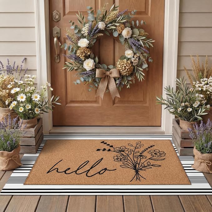 Tinideya 2 Pcs Farmhouse Welcome Mats for Front Door, Hello Floral Layered Doormat Set with Black White Striped Rug, Front Porch Rug Set for Entryway Patio Outdoor Decor