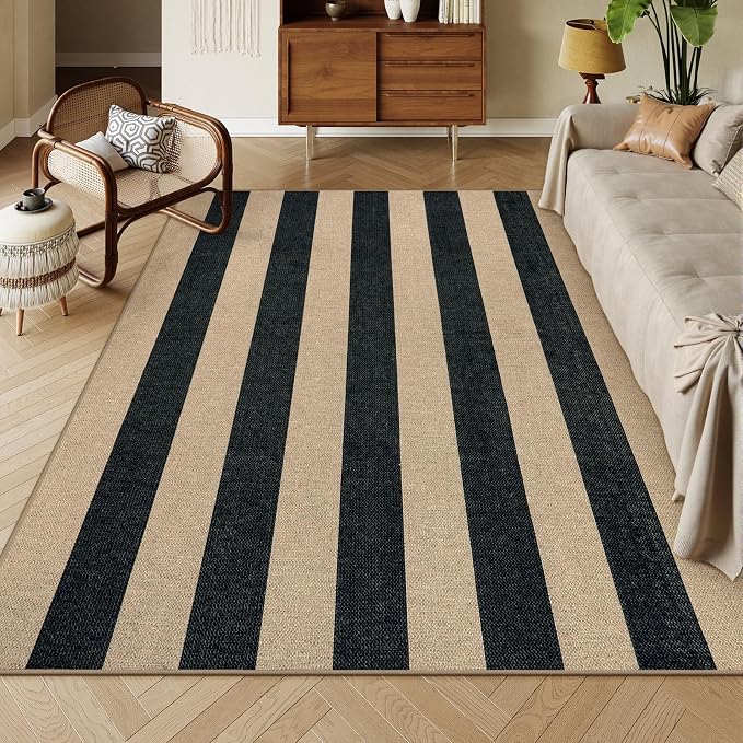 Lahome Striped Easy Jute Dining Room Rug, 6x9 Outdoor Area Rugs Washable | Porch Patio Living Room Rug Black, Modern Farmhouse Neutral Non Slip Low Pile Indoor Carpet for Bedroom Office Backyard