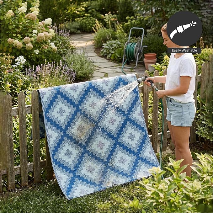 FH Home Outdoor Rug - Waterproof, Fade Resistant, Reversible - Premium Recycled Plastic - Geometric - Patio, Deck, Porch, Balcony, Laundry Room - Aztec Kilim - Blue Multi Crease Free - 5 x 8 ft