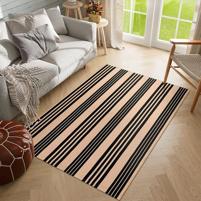 LEEVAN 4'X6' Black and Tan Striped Woven Cotton Reversible Outdoor Rug | Machine Washable Front Porch Rug, Entryway Door Mat, Indoor Layering Carpet for Balcony Farmhouse Laundry Patio