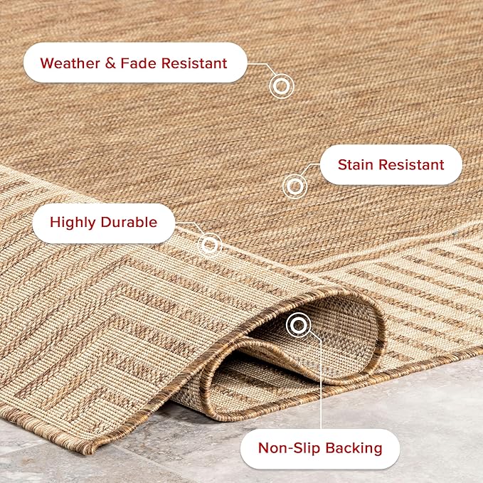 Nuloom Asha Light Brown/Ivory, 9'6" x 12', Casual, Striped Border, Soft and Cozy, High Traffic, Easy Clean, Durable Area Rug for Indoor/Outdoor Patio, Deck, Porch, Garden, Courtyard