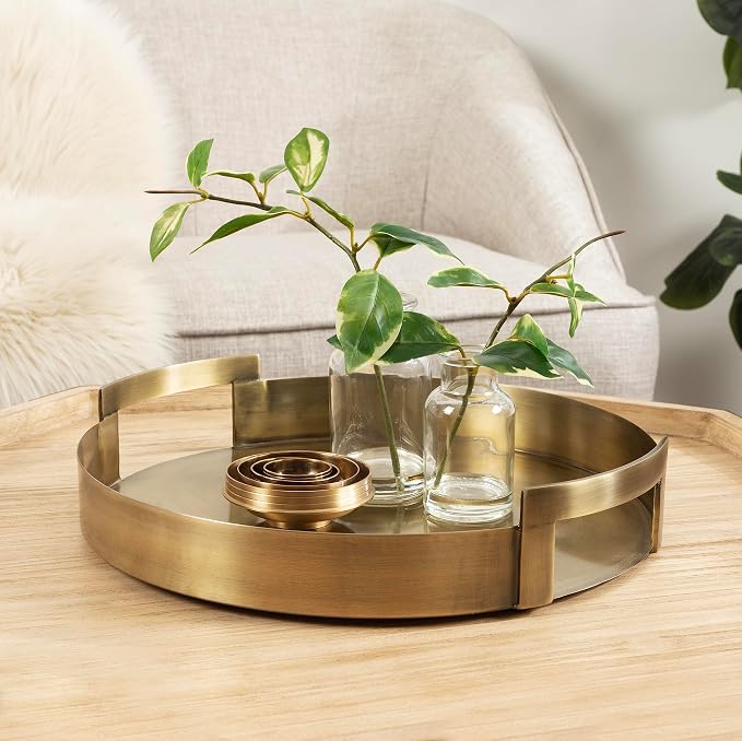 Kate and Laurel Myo Transitional Metal Round Tray; 15 x 15; Brass; Modern Glam Circular Decorative Serving Tray with Handles for Storage; Display; and Decor