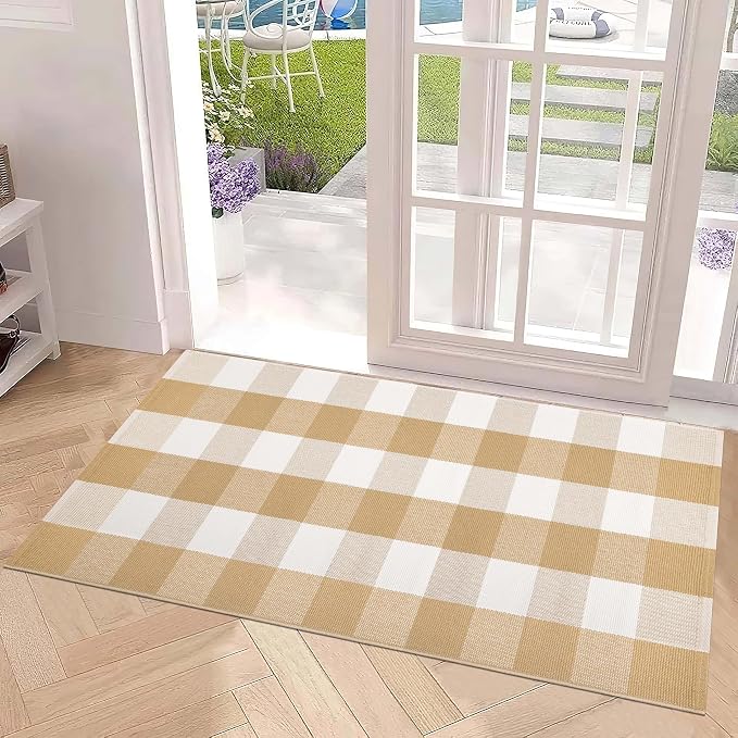 Khaki and White Outdoor Rug 24''x 51''Checkered Front Porch Mat Cotton Woven Washable Rugs Front Door Mat for Hello/Welcome Mat Entryway,Bedroom,Farmhouse Patio