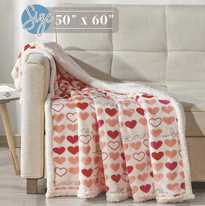 Elegant Comfort Luxury Valentine’s Day Sherpa Throw Blanket Ultra-Soft Cozy Velvet Pink Hearts Fleece Throw-Micromink Sherpa for Her, Wife, Girlfriend, Sherpa Reversible Blanket- Isabella
