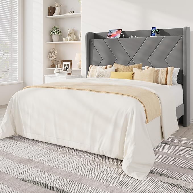 Allewie Full Size Platform Bed Frame with Charging Station and Storage Shelf/Upholstered Velvet Wingback Headboard/Wooden Slats Support/No Box Spring Needed/Easy Assembly, Grey