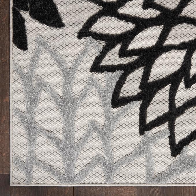Nourison Home Aloha Indoor/Outdoor Black White 7'10" x 10'6" Area Rug, Tropical, Botanical, Easy Cleaning, Non Shedding, Bed Room, Living Room, Dining Room, Deck, Backyard, Patio (8x10)