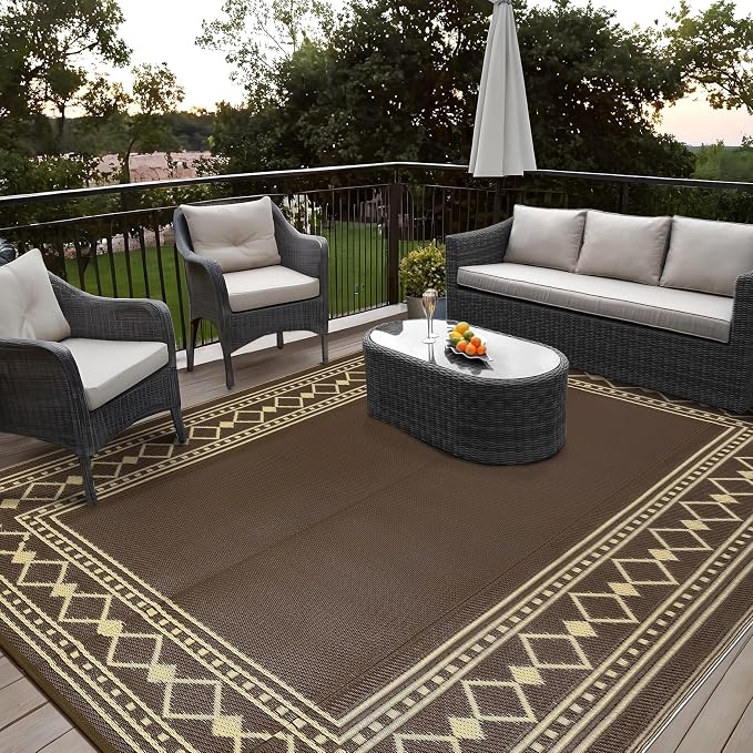 Large Outdoor Rug – Waterproof Reversible Plastic Straw Mat, Lightweight Patio Carpet, Modern Edgeed – 10x14ft, Peony Brown/Coffee – Specification