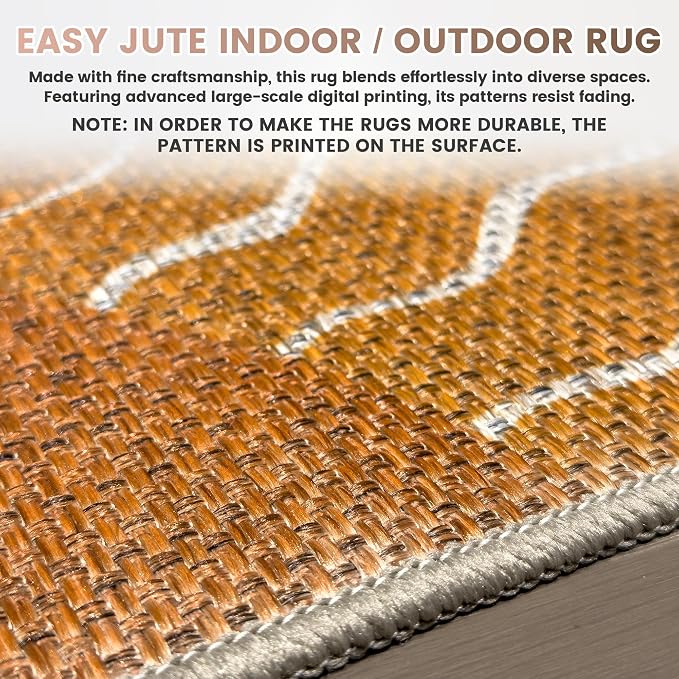Washable Sun Easy Jute Rug, 8x10 Modern Boho Retro Outdoor Indoor Patio Farmhouse Large Area Rugs, Woven Ultra Thin Non Slip Carpet Mat for Living Dining Room Bedroom Classroom Kids Nursery Play Room