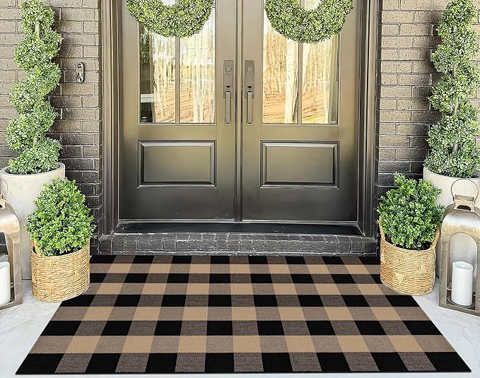 Outdoor Rug 3'x5' Tan and Black Checkered Porch Rug Cotton Woven Washable Area Rug Indoor Outdoor Door Mats for Welcome Layered Porch Entryway Bedroom Living Room