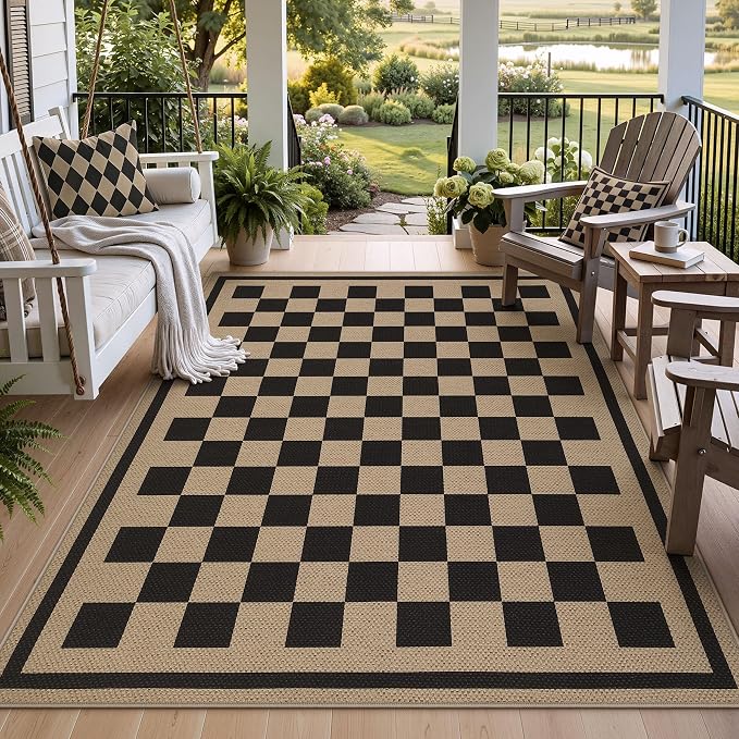 Tribesigns 5x7 Black Checkered Easy Jute Outdoor Patio Rug for Backyard | Washable, Non-Slip Geometric Rug for Living Room, Porch, Dining Area, Rv and Indoor Outdoor Use, Includes 4 Rug Grippers