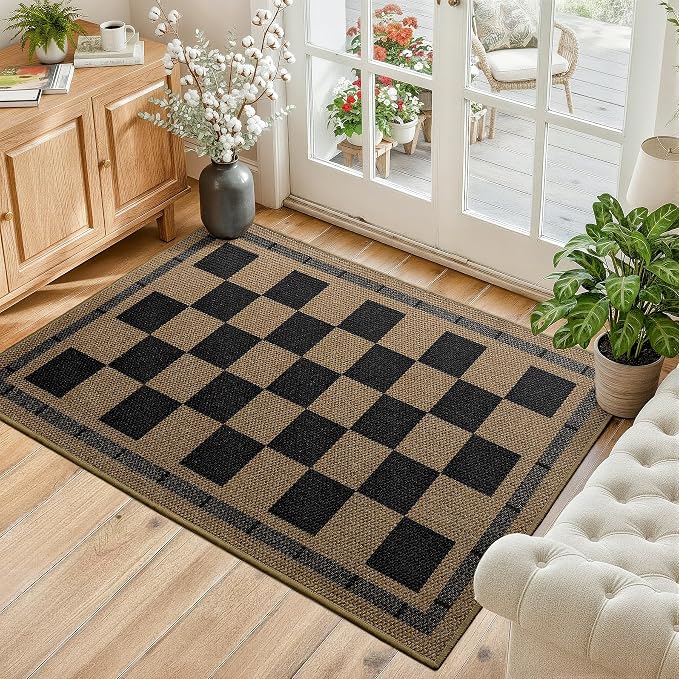Vasofe Washable Small Entry Rug, 2x3 Checkered Jute Rugs Outdoor Indoor Mat | Non-slip Bedroom Front Door Mats Entrance Doorway Kitchen Carpets, Plaid Farmhouse Porch Carpet, Black and Brown