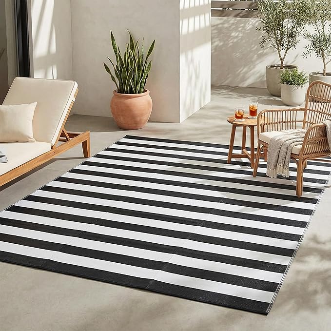 FH Home Outdoor Camping Rug - Waterproof, Fade Resistant, Reversible - Premium Recycled Plastic - Striped - Large Patio, Deck, Sunroom, RV - Brittany Stripe - Black & White - 9 x 18 ft Foldable