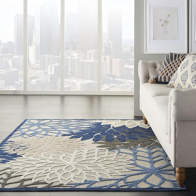 Nourison Home Aloha Indoor/Outdoor Blue/Multicolor 3'6" x 5'6" Area Rug, Tropical, Botanical, Easy Cleaning, Non Shedding, Bed Room, Living Room, Dining Room, Deck, Backyard, Patio (3x5)