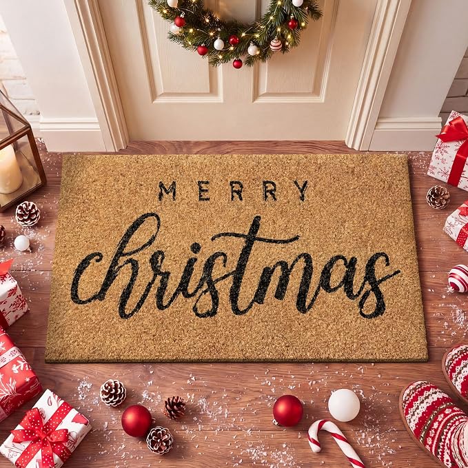 Ceenna Merry Christmas Coir Doormat Outdoor Christmas Welcome Door Mat Non Slip Floor Mats Xmas Mat Indoor Entrance Door Porch Front Decor, 16 x 28 Inch