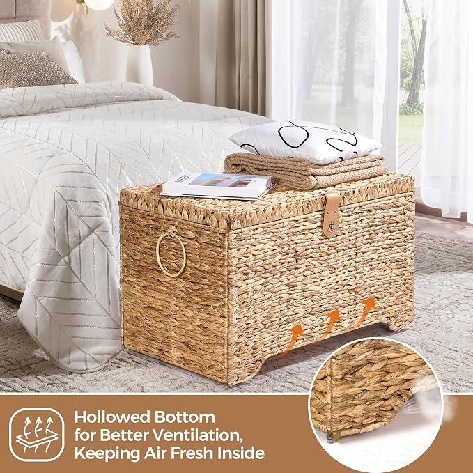 Honjourai Handwoven Storage Basket with Lid, 165L Wicker Storage Trunk | Natural Water Hyacinth Storage Chest, Leather Buckle, Metal Frame, Metal Ring Handles for Easy Transport