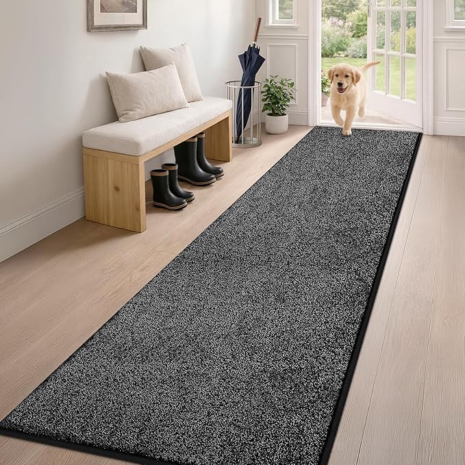 PURRUGS Dirt Trapping Door Mat 24" x 84", Non-Slip Machine Washable Entryway Rug, Dog Doormat, Indoor Front Door Mat, Super Absorbent Entry Rug for Muddy Shoes & Paws, Charcoal
