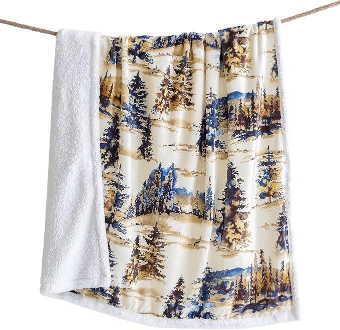 Indigo Hill by HiEnd Accents Acadia Sherpa Throw Blankets, Forest Pine Trees Nature Woodland Mountain Print Western Blanket for Camping Outdoor, Cabin Lodge Rustic Sherpa Fleece Blanket, 54x68 inch