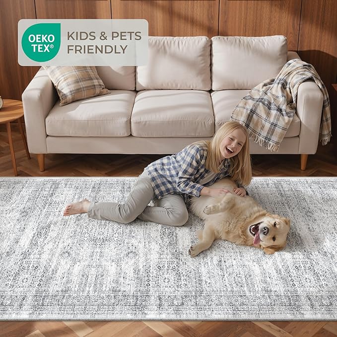 2x7 Runner Rug Non Slip, Thin Entryway Washable Rug for Entryway, Runners for Hallways, Low Pile Vintage Abstract Soft Rugs for Living Room, Kitchen, Bedroom(2'x7', Grey/Ivory)