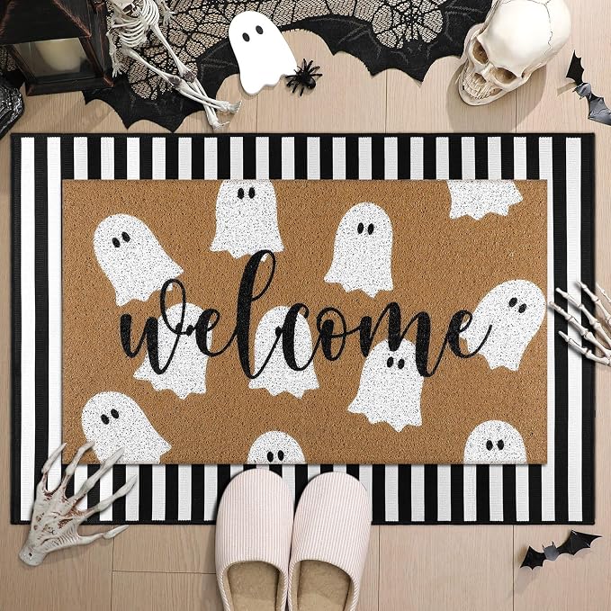 Tinideya 2 Pcs Halloween Door Mat Outdoor Cute Ghost Welcome Doormat for Front Door Non Slip Layered Ghost Coir Floor Mat Black White Stripe Halloween Rug for Outside Front Porch Entryway Decor