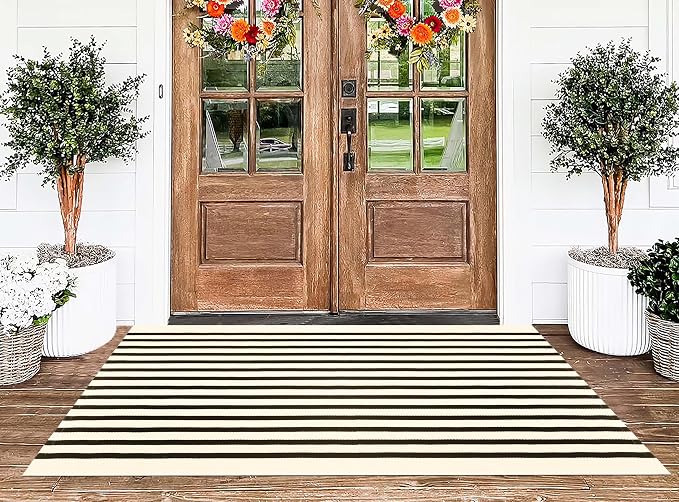 BUAGETUP Black and Beige Outdoor Rug 3'x 5',Striped Washable Porch Rug Cotton Woven Washable Rug Indoor/Outdoor Area Rug Floor Mat for Farmhouse Living Room Bedroom