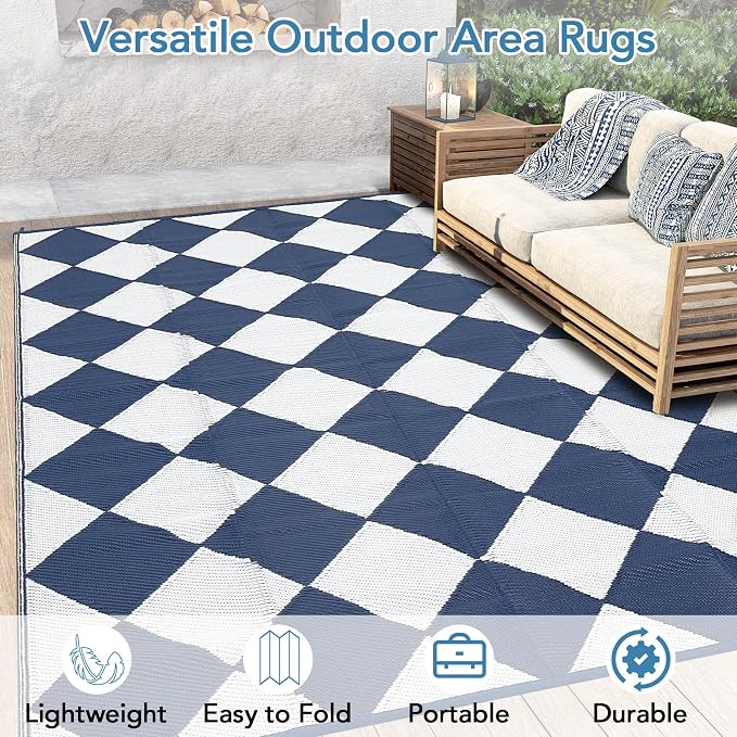 GarveeLife 9x18 Outdoor Rug for Patio Reversible, Plastic Straw Rug Waterproof Camping Rug Portable, Foldable Lightweight Mat for RV, Patio, Backyard, Deck, Picnic, Beach (Dark Blue/White)