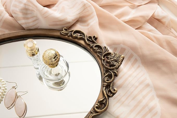Kate and Laurel Arendahl Vintage Oval Mirrored Decorative Tray; 17 x 10; Antique Gold; Traditional Ottoman Tray for Living Room Home Decor with Ornate Detailing