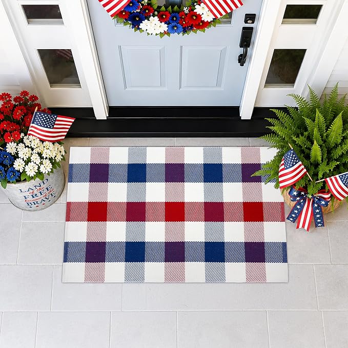 4th of July Door Mat Rug 28"x43", Patriotic Outdoor Rug, Red White and Blue Plaid Rug for Front Porch, Patriotic Door Mat for Indoor Outdoor Entryway Farmhouse Decor