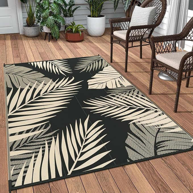 GENIMO Outdoor Rug 3'x5' Waterproof for Porch, Plastic Door Mat Black Beige | Outside Leaf Carpet for Patio Decor, Balcony, Deck, Backyard, Picnic, Camping, RV, Reversible, Foldable, Lightweight
