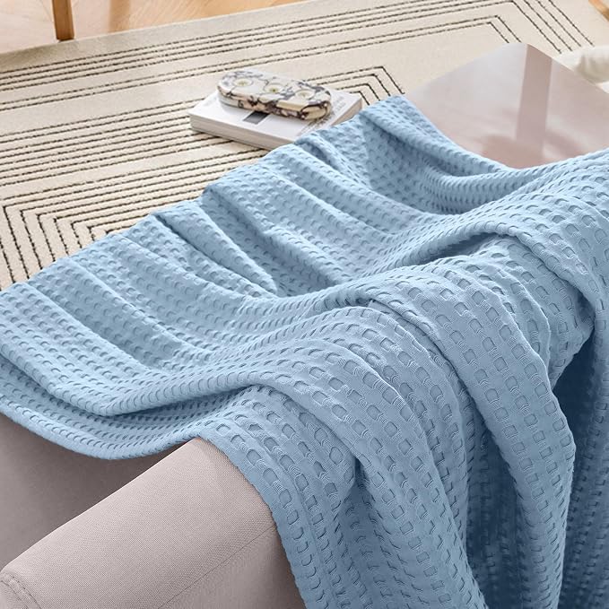 Elegant Comfort Premium 100% Cotton Waffle Blanket - Lightweight Breathable Waffle Weave Bed Blanket - Soft and Warm All Season Blanket for Couch, Sofa and Bed, Queen Size 90x90 Inches, Light Blue