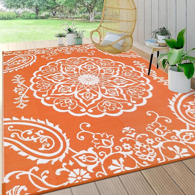 Pauwer Outdoor Rug 6x9, Waterproof Plastic Straw Camping Rug, Boho Orange | Reversible Patio Rug, UV Resistant Indoor Outdoor RV Mat Carpet For Deck, Camper, Porch, Balcony, Backyard, Picnic, Foldable