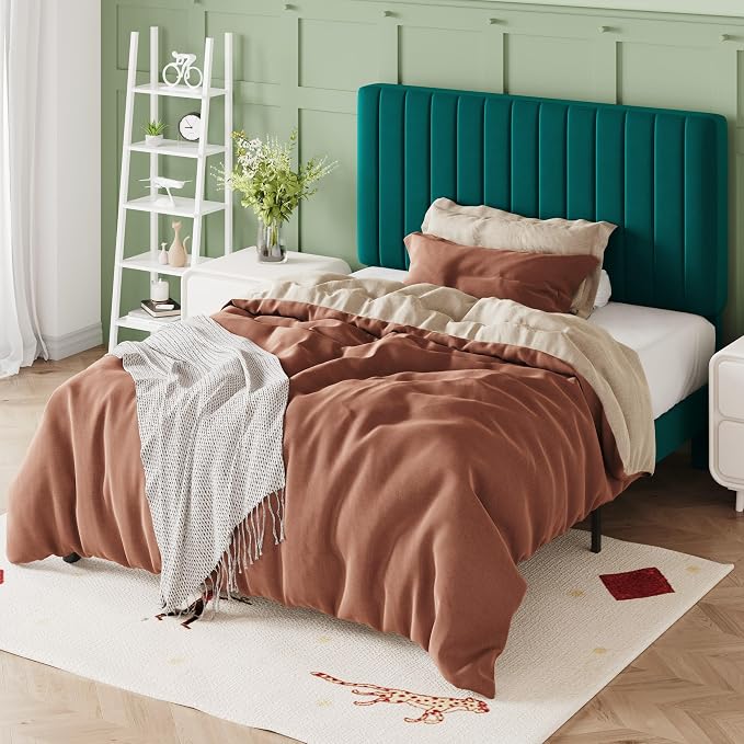 Allewie Twin Bed Frame, Velvet Upholstered Platform Bed with Adjustable Vertical Channel Tufted Headboard, Mattress Foundation with Strong Wooden Slats, Box Spring Optional, Easy Assembly, Teal