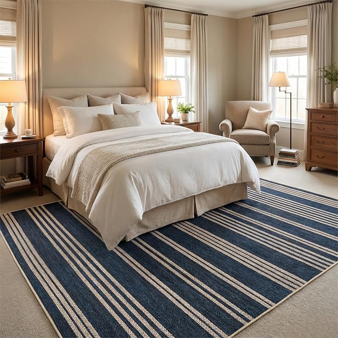 COZYLOOM 4x6 Indoor Outdoor Rugs Machine Washable Area Rugs for Living Room Non Slip Non Shedding Easy Jute Striped Rug Stain Resistant Low Pile Carpet for Bedroom, Nursery, RV, Patio, Navy Blue